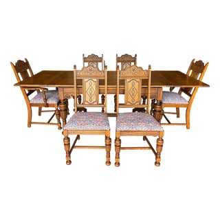 1930 Solid Oak Draw Leaf Table With Matching Original Chairs For Sale