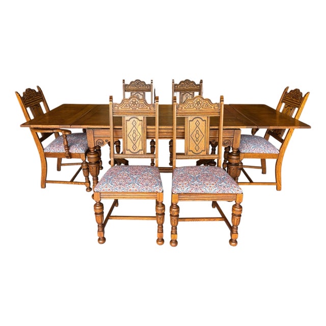 1930 Solid Oak Draw Leaf Table With Matching Original Chairs For Sale