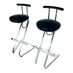 Circa 1990s Post Modern Cantilevered Chrome and Black Vinyl Barstools- Set of 2