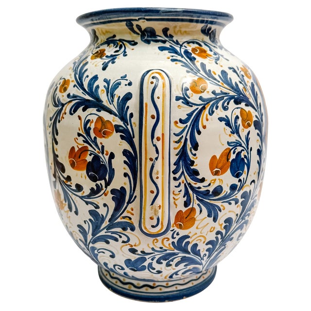 Mediterranean Vintage Italian Majolica Ceramic Vase With Heraldic Crest & Floral Scrollwork For Sale - Image 3 of 6