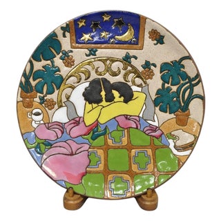 Vintage Judy Miller 10" Art Pottery Decorative Ceramic Plate "Lovers in Bed" For Sale