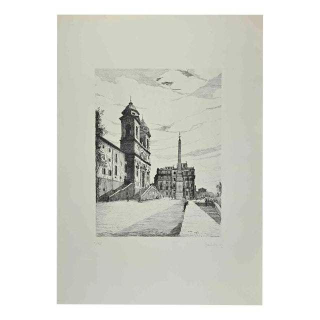 Giuseppe Malandrino, View of Trinità dé Monti, Etching, 1970 For Sale