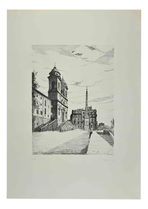 Giuseppe Malandrino, View of Trinità dé Monti, Etching, 1970