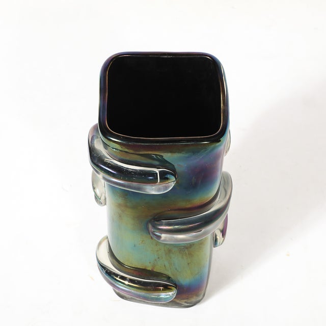 Pair of Mid-Century Hand-Blown Murano Iridescent Glass Vases For Sale - Image 9 of 14