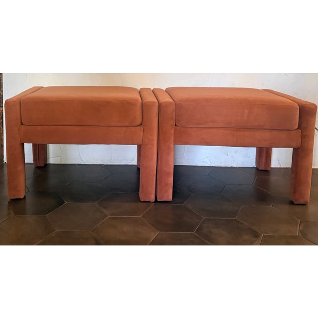 Pair of Burnt Umber Velvet Milo Baughman Style Parsons Ottomans, by West Elm For Sale - Image 11 of 12