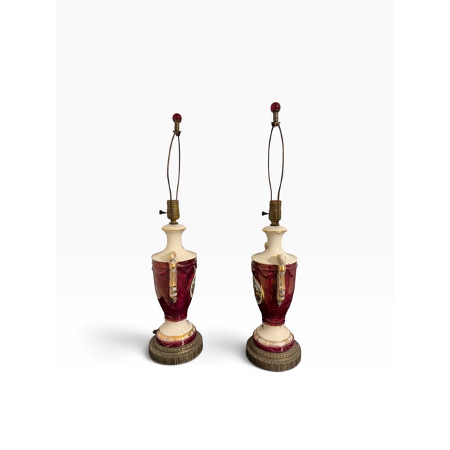 Vintage Ruby Porcelain Courting Scene Table Lamps With Gilt Accents — Pair For Sale In Boston - Image 6 of 12