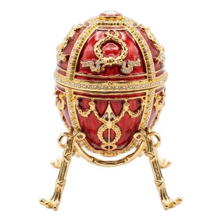 Ornate Red & Gold Fabergé Egg Trinket Box For Sale