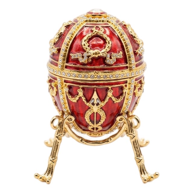 Ornate Red & Gold Fabergé Egg Trinket Box For Sale