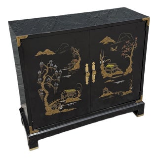 Vintage Chine Black Hand Painted Sideboard With Brass Accents For Sale