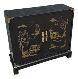 Vintage Chine Black Hand Painted Sideboard With Brass Accents