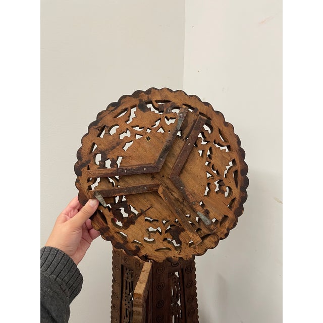 Brown 1970s Hand Carved Indian Wooden Pedestal Side Table With Inlay, Folding Base and Removable Top For Sale - Image 8 of 12
