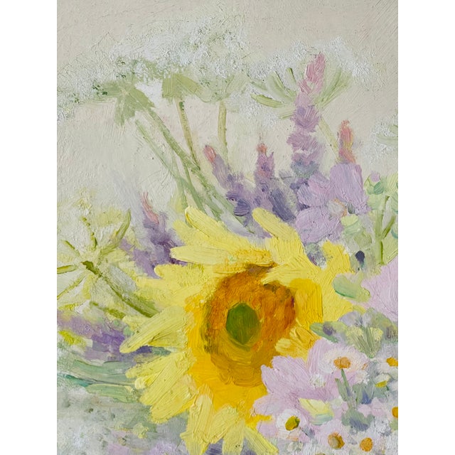 20 Th C Original Oil on Biard Sunflower Painting For Sale - Image 4 of 6