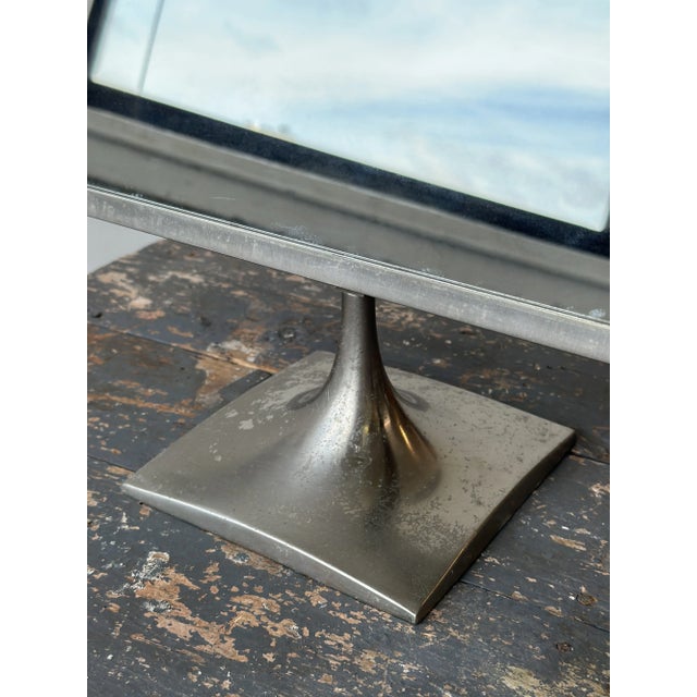 Vintage Modernist Vanity Mirror With Angular Brushed Steel Frame and Trumpeted Base, Circa 1950s-60s For Sale In New York - Image 6 of 13