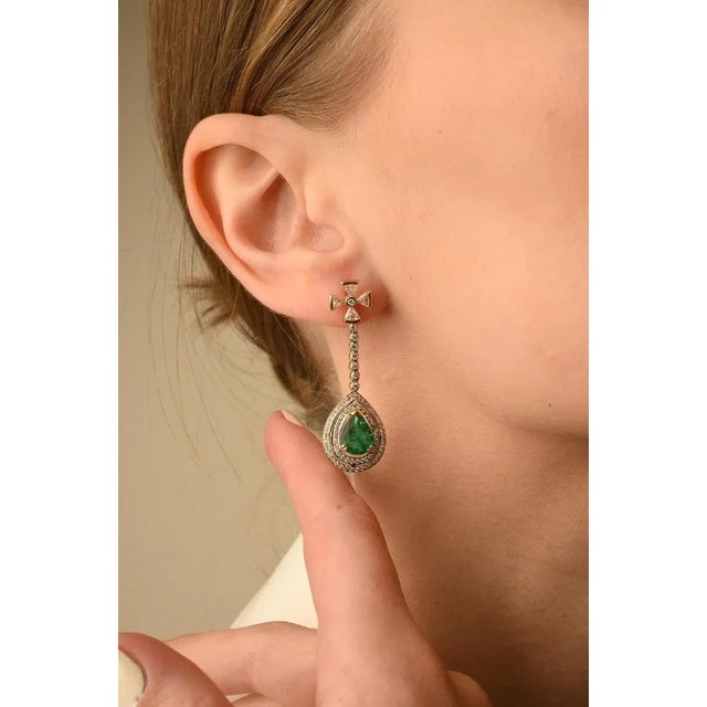 Art Deco Statement Diamond Natural Emerald Dangle Drop Earrings 14k Solid Yellow Gold- 2 Pieces For Sale - Image 3 of 11