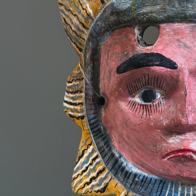 Antique Polychrome Anthropomorphic Mexican Folk Art Sun Mask W/ Sunburst Motif For Sale - Image 4 of 7