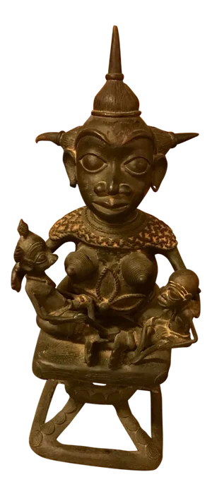Cast Brass African Maternal Figure on Pedestal, Vintage