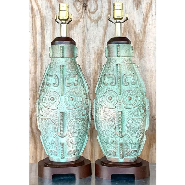 Mid-Century Modern Vintage Boho Aztec Ceramic Lamps - a Pair For Sale - Image 3 of 5