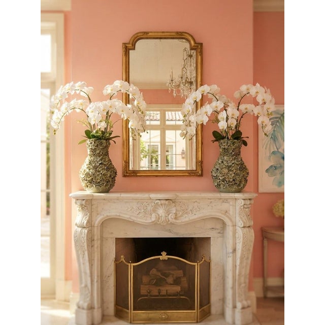 Vintage Italian 20" Encrusted Floral Ceramic Urn Vases - Pair in Muted Sage Green For Sale - Image 12 of 12
