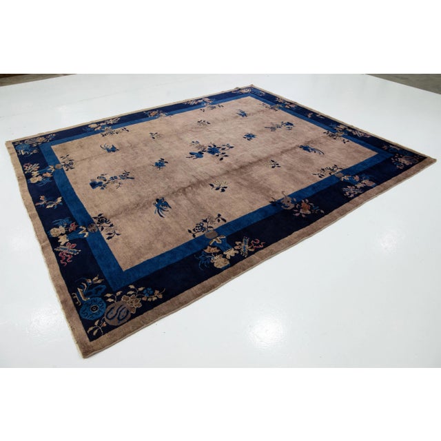 Art Deco Art Deco Chinese Floral Designed Wool Rug Antique Handmade in Light Brown For Sale - Image 3 of 10