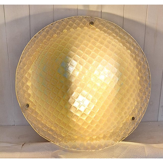 Gold Vintage Italian Ceiling Lamp with Ice Glass Shade in Waffle Pattern on Brass Mount, 1970s For Sale - Image 8 of 8
