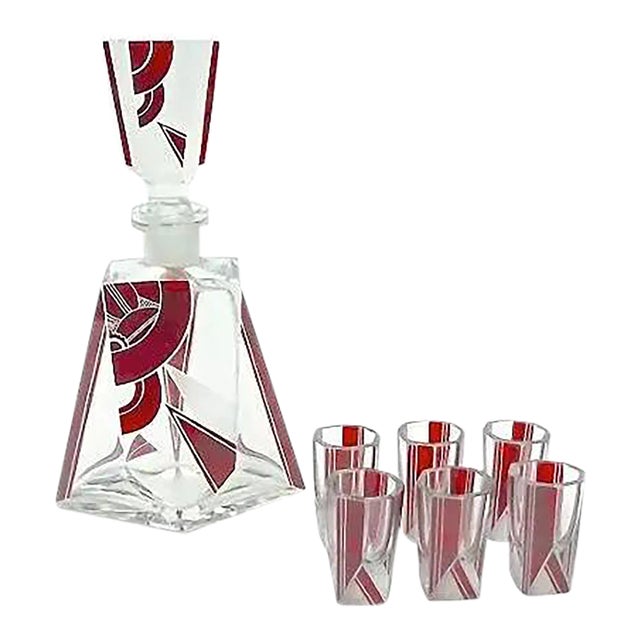 Art Deco Karl Palda Crystal/Enamel Liquor Set - Set of 7 For Sale