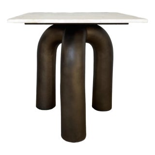 Modern Sculptural White Marble and Bronze Tubular Side Table For Sale