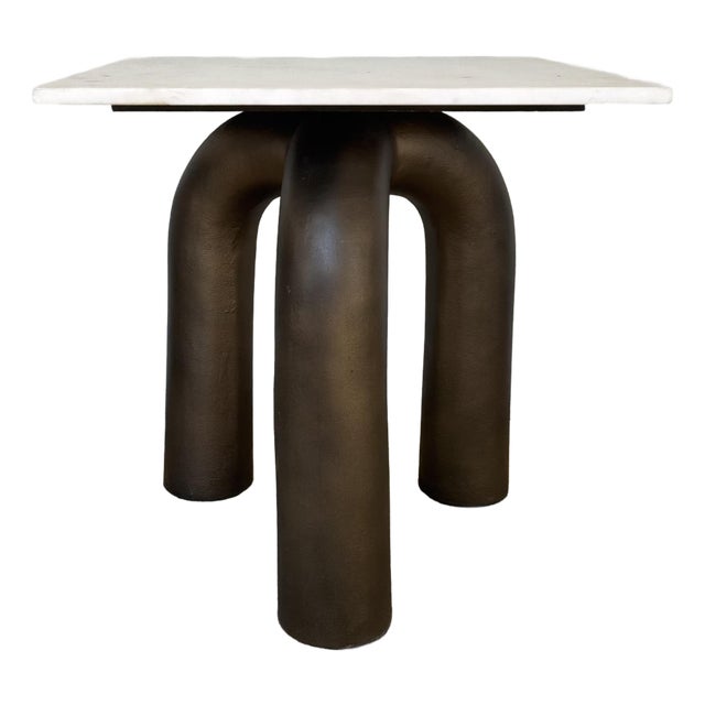Modern Sculptural White Marble and Bronze Tubular Side Table For Sale
