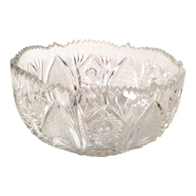 Vintage Brilliant Cut Crystal Glass Bergen Style Bowl Art Deco For Sale