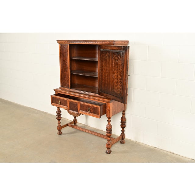 Early Romweber Antique English Jacobean Carved Oak and Burl Wood Bar Cabinet, Circa 1900 For Sale In South Bend - Image 6 of 16
