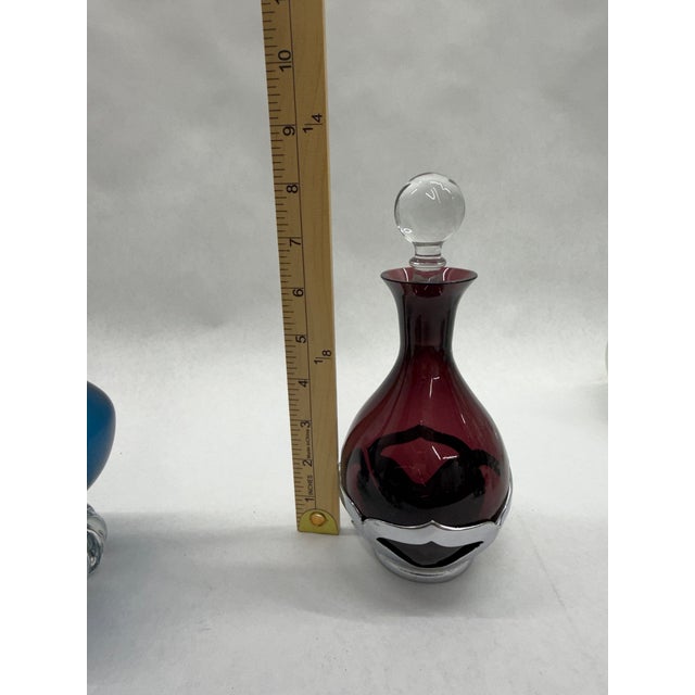 Silver Vintage Mid-Century Cranberry Glass Decanter & 4 Cordial Glasses Set With Silver Overlay For Sale - Image 8 of 11