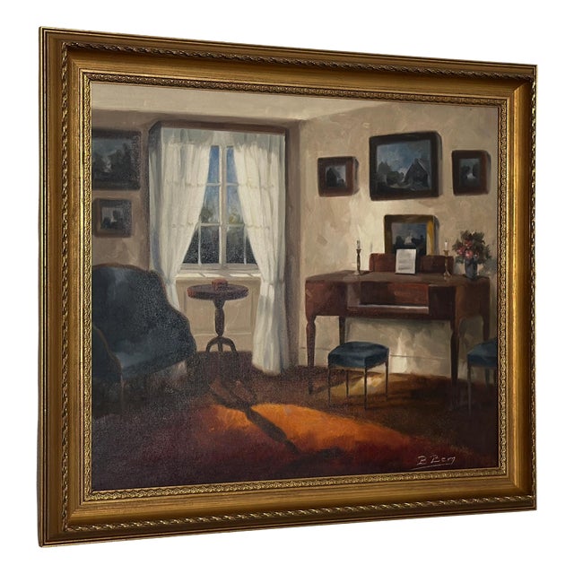 Bente Berg, Room with Piano, 1960s, Oil on Canvas, Framed For Sale