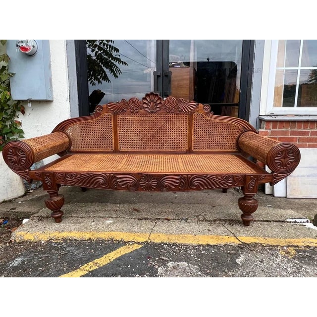 19th Century Antique Anglo Indian Carved Mahogany Cane Seat and Back Settee For Sale In Washington DC - Image 6 of 12