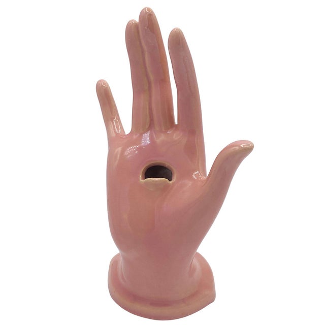 1950s 1950s California Pottery Salmon Pink Figurative Female Hand Business Card Holder For Sale - Image 5 of 8