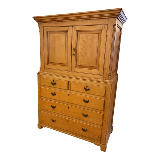 Antique English Pine Linen Press W/5 Graduated Drawers For Sale