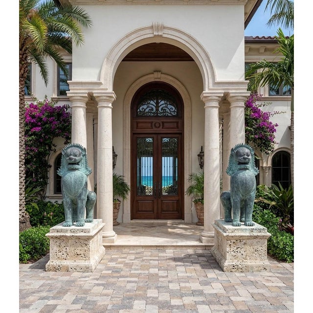 1990s Monumental Pair of Southeast Asian Verdigris Bronze Guardian Lion Statues For Sale - Image 9 of 12