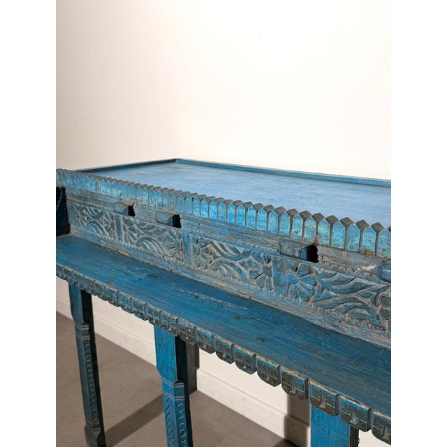 Indian Carved Console Table in Turquoise Blue For Sale - Image 4 of 8