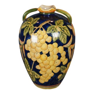 Mid 20th Century Vintage Italian Porcelain Polychrome Grapevine Painted Wine Jug Vase Vessel For Sale
