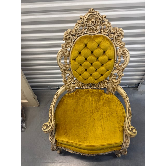 Rococo Mid 20th Century Pair of Rococo Revival Carved Armchairs in Mustard-Gold Velvet For Sale - Image 3 of 4