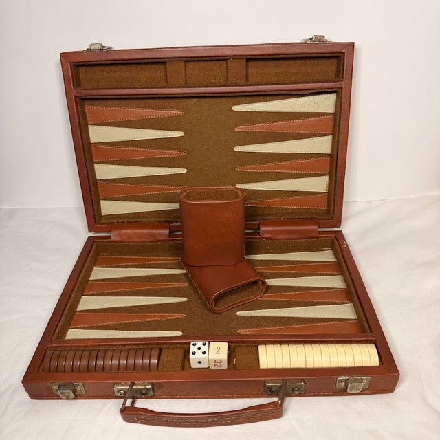 Vintage Backgammon Set Brown Faux Leather Travel Case Complete Game Dice MCM 70s Mid Century Modern Retro For Sale - Image 11 of 14