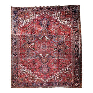 Vintage Oversized Persian Heriz Rug, Hand-Knotted Wool, Geometric Pattern, Red & Navy, 12x16 For Sale