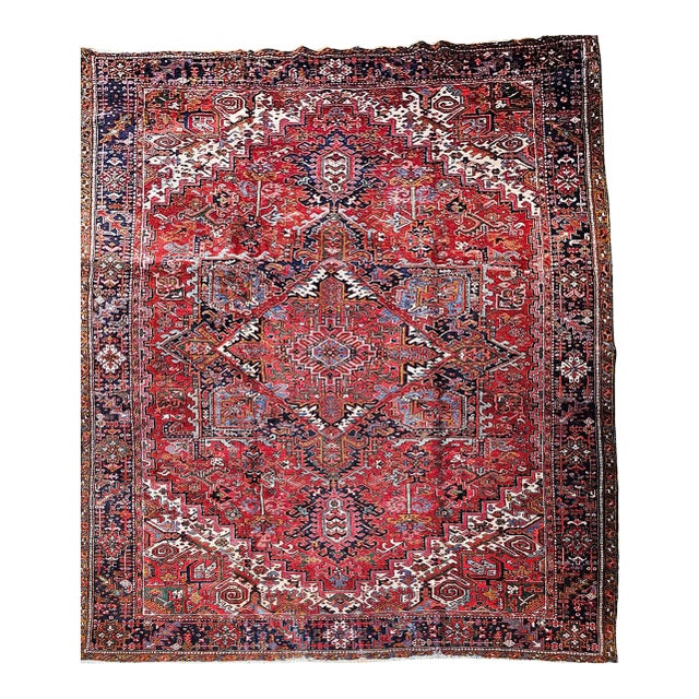 Vintage Oversized Persian Heriz Rug, Hand-Knotted Wool, Geometric Pattern, Red & Navy, 12x16 For Sale