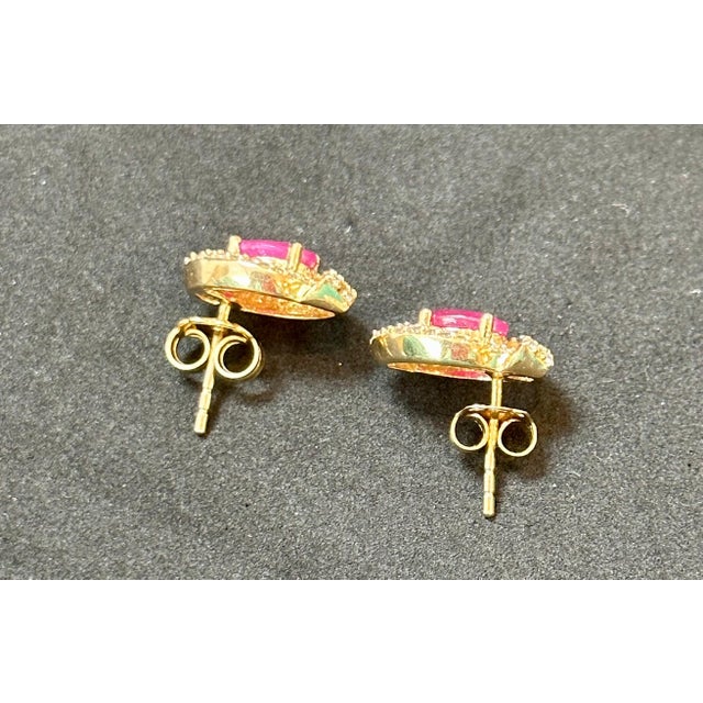 Arts & Crafts 3.5 Carat Oval Natural Ruby & 1.2 Ct Diamond Stud Earrings 14 Karat Yellow Gold For Sale - Image 3 of 18