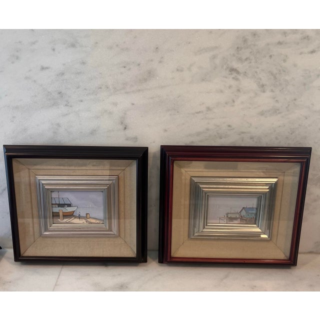 Set of 2 complimentary vintage Italian art school paintings of a dock scene with boat. Each painting has a double frame...