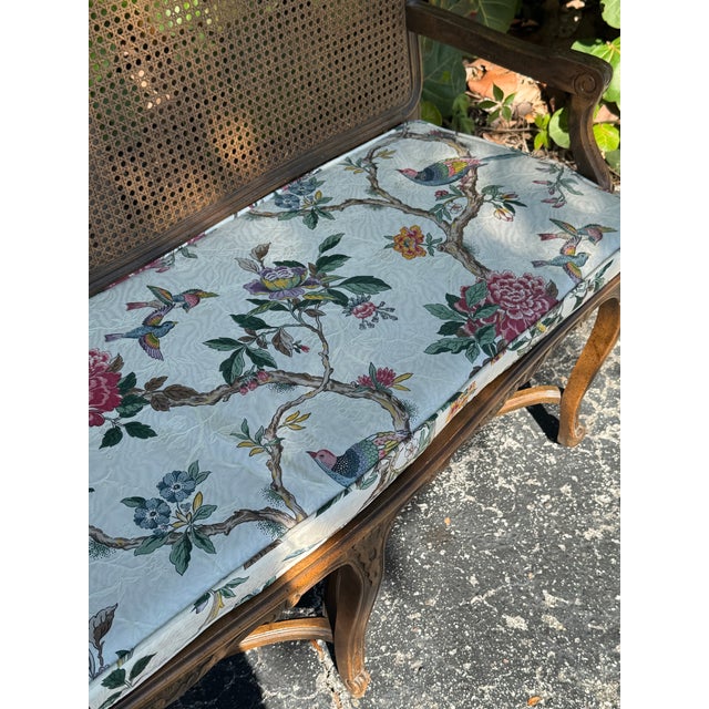 French Provincial 1940s Century Furniture French Provincial Cane-Back Bench With Carved Wood Frame and Floral Upholstered Seat For Sale - Image 3 of 10