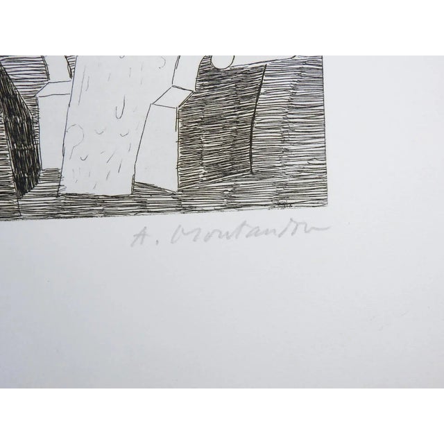 Vintage mid 20th century etching on paper abstract composition of a couple at the dinner table by Aime Montandon...