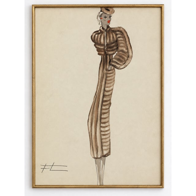 A woman in a long brown ensemble with sculptural sleeves and a coordinating hat brings Parisian glamour to this vintage...