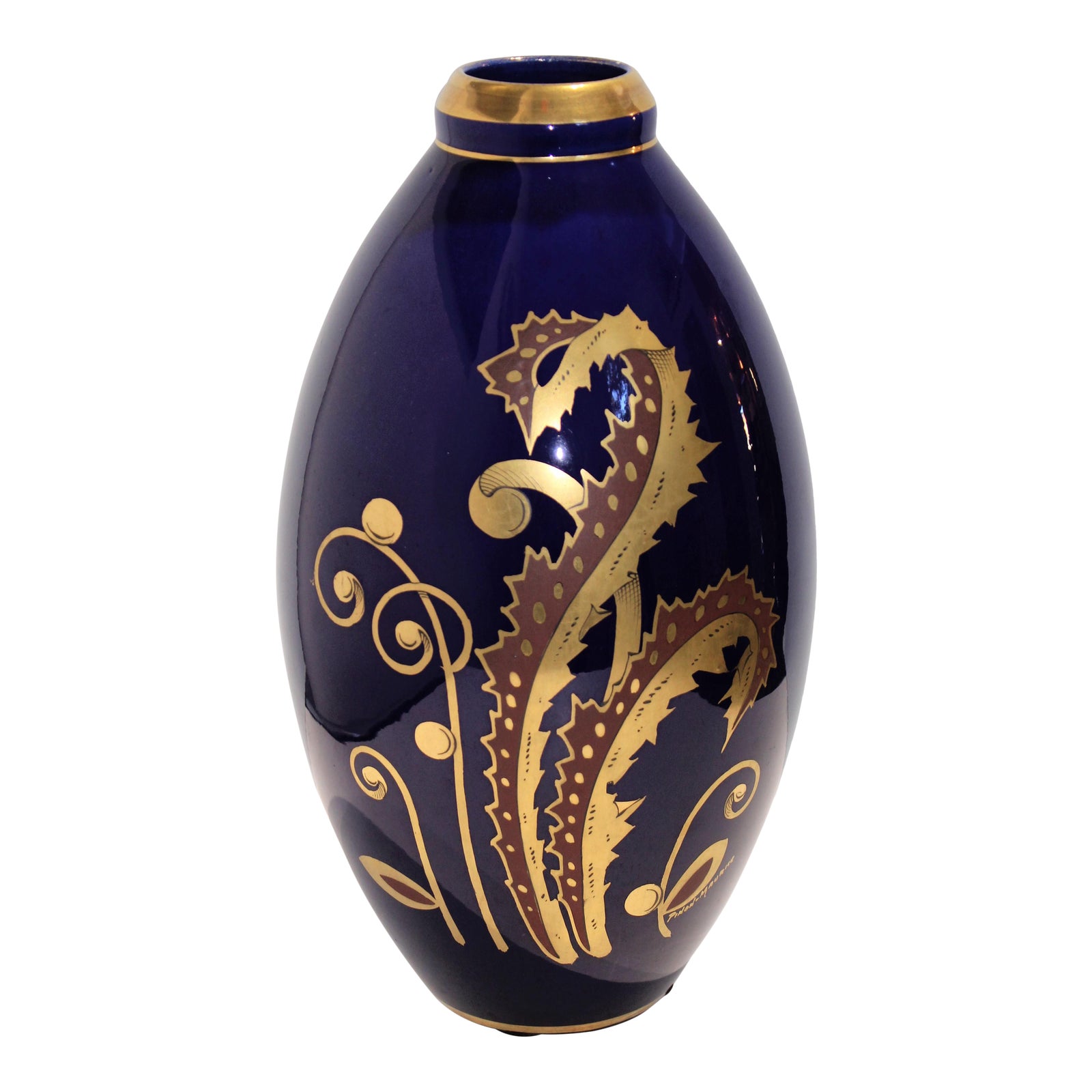 Art Deco French Porcelain Cobalt & Gold Vase Signed by Maurice Pinon