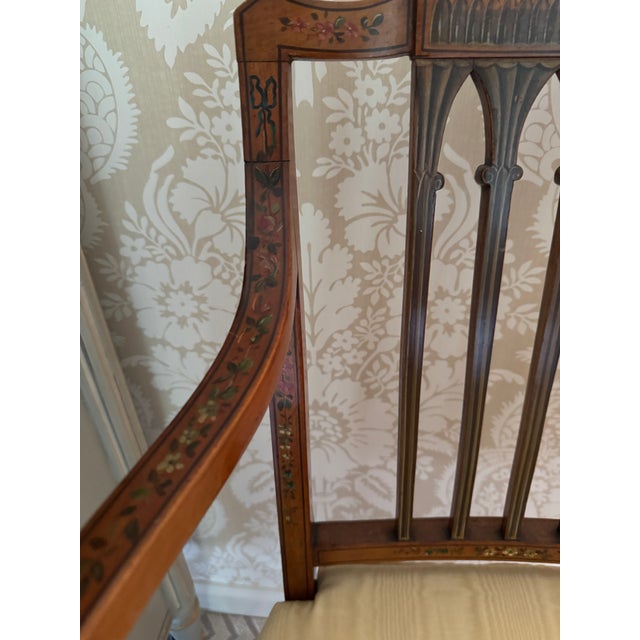 Early 20th Century Early 20th Century Edwardian Satinwood Floral Painted Armchair With Cane Seat For Sale - Image 5 of 18