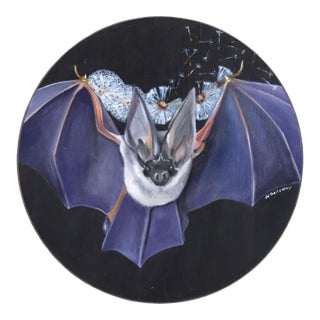 Dandelion Bat - Original Nocturnal Bat Flying Through the Night Pop Art Oil Painting For Sale