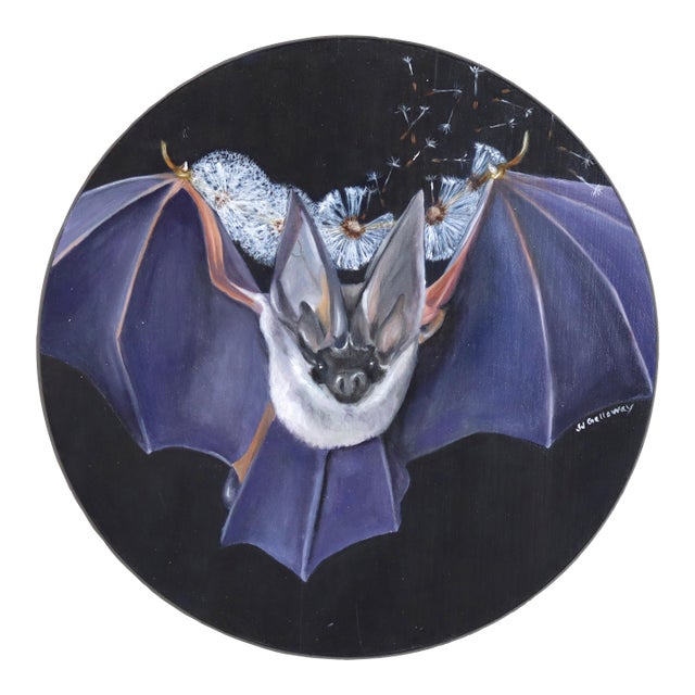 Dandelion Bat - Original Nocturnal Bat Flying Through the Night Pop Art Oil Painting For Sale